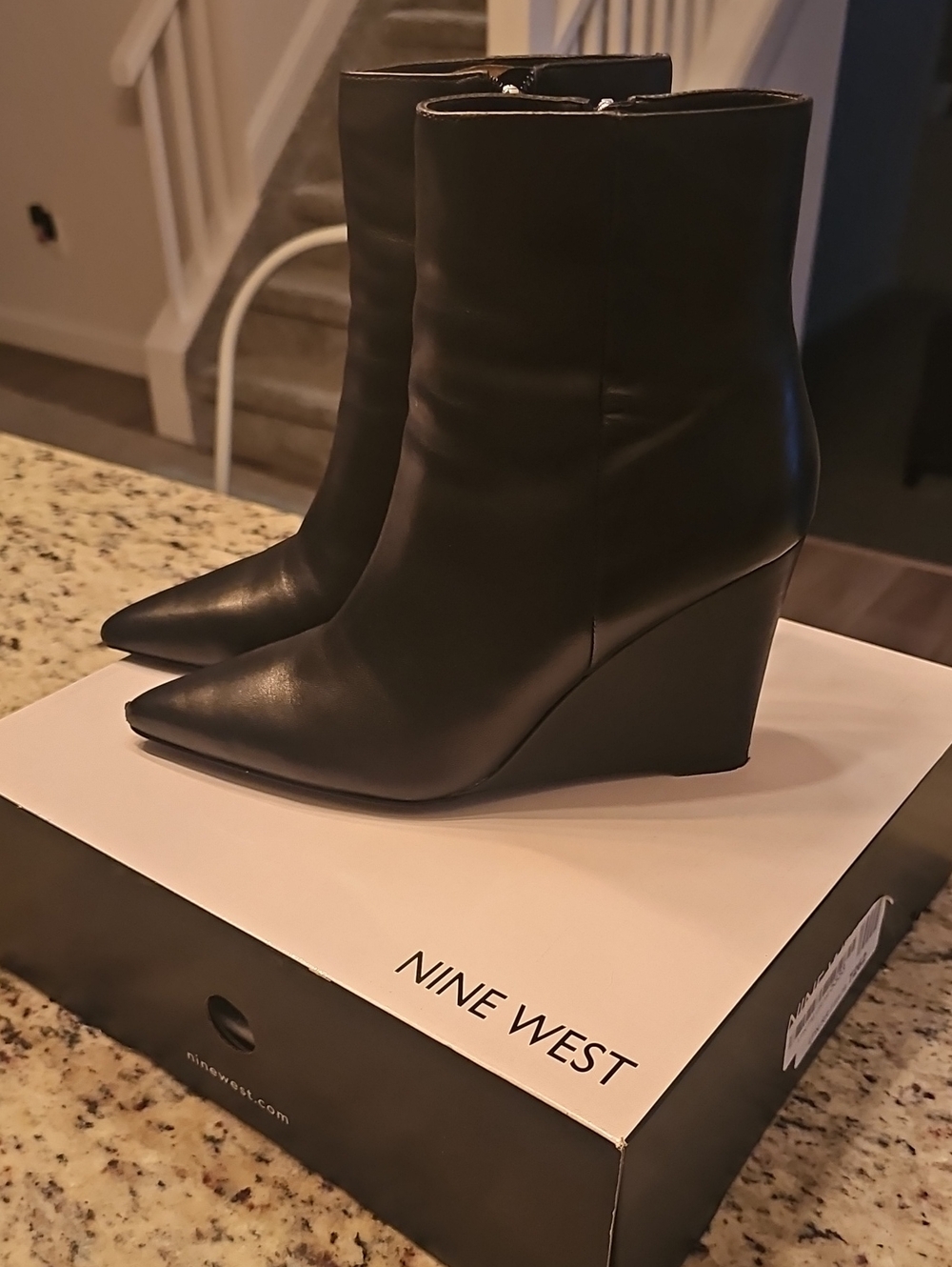 Nine West Black Leather Pointed-Toe Wedge Booties